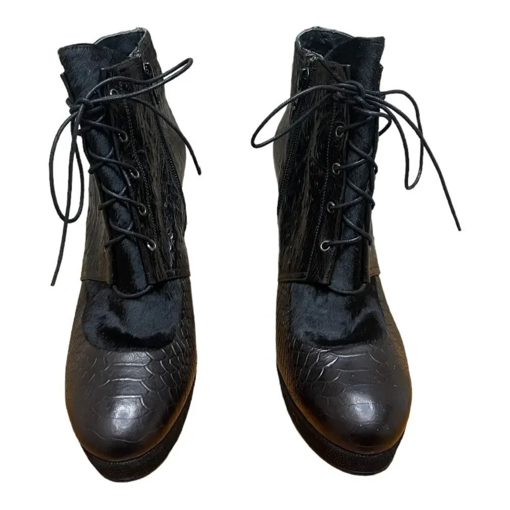 Stuart Weitzman Black Melange Leather Fur Stiletto Ankle Booties Sz 9.5 EUC